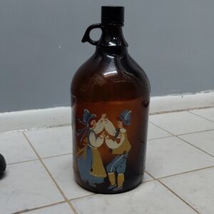 Vintage Brown Glass Jug with Folk Art Design